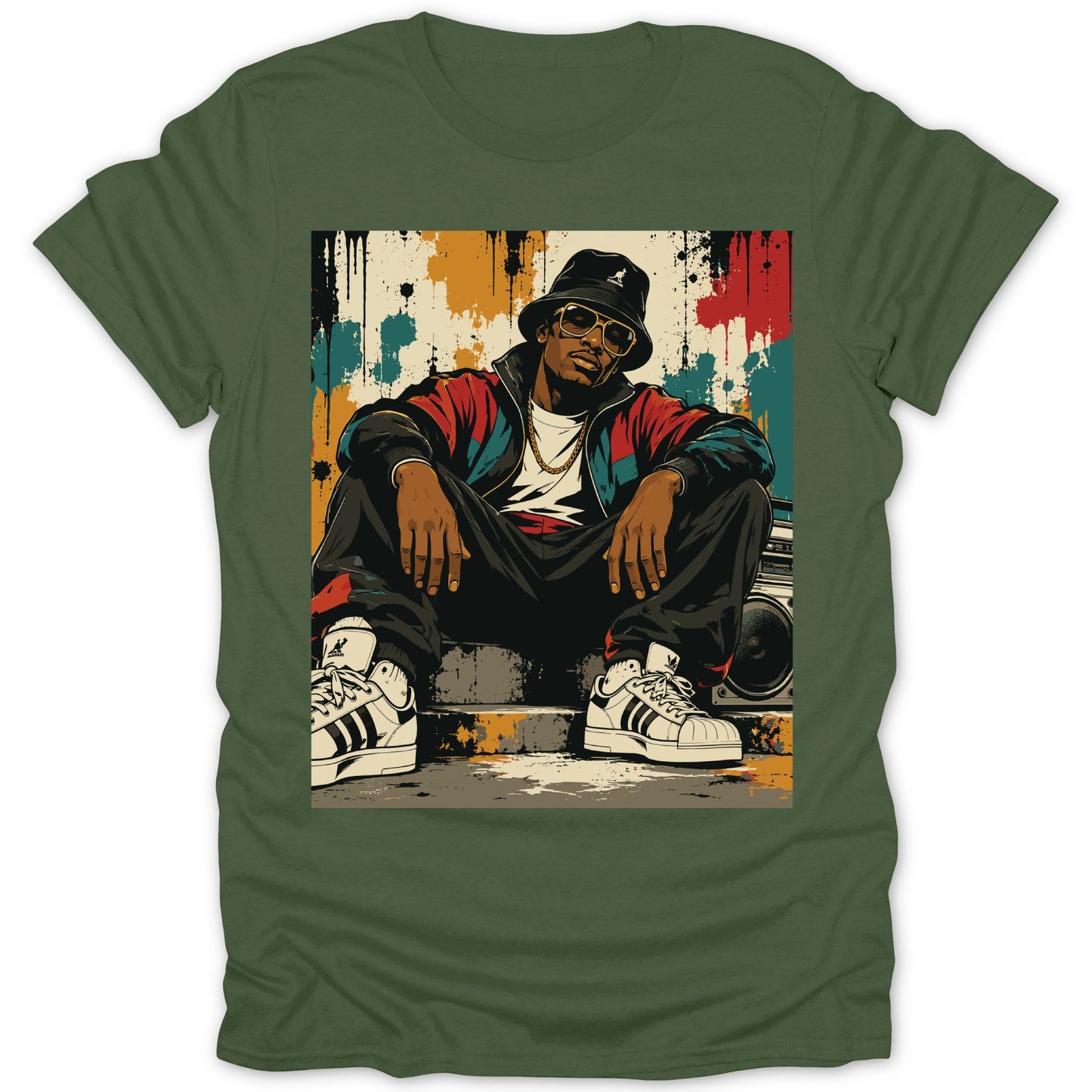 Illustration of a man wearing a bucket hat, sunglasses, and athletic wear, sitting with a boombox.
