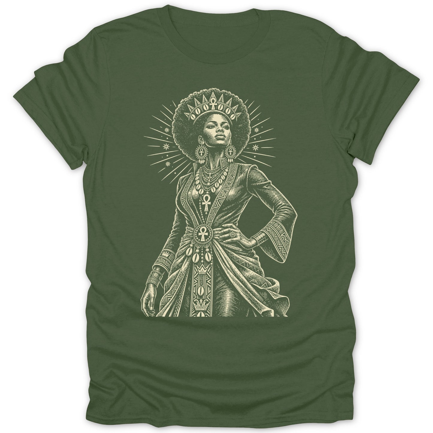 T-shirt with a vintage-style illustration of a crowned Black woman in ornate clothing.