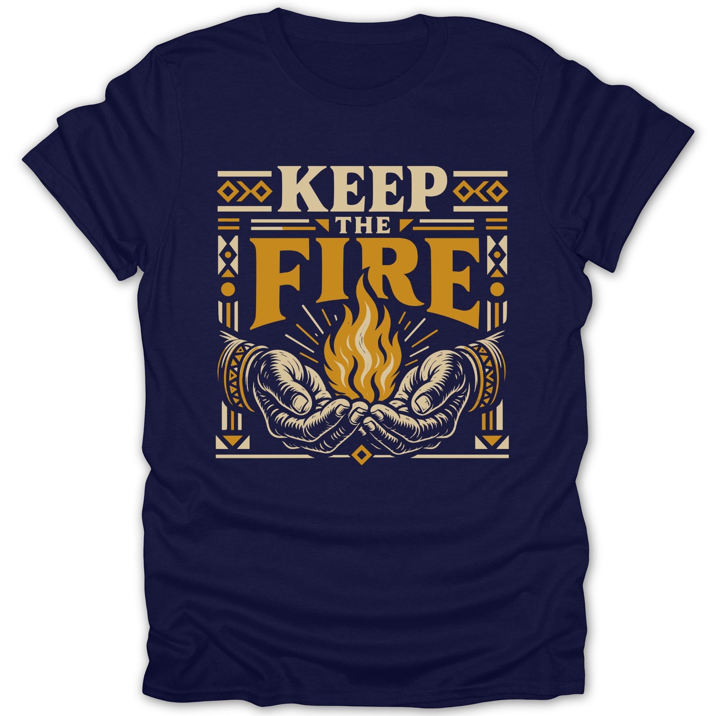 Navy t-shirt graphic with hands holding flame and text "KEEP THE FIRE".
