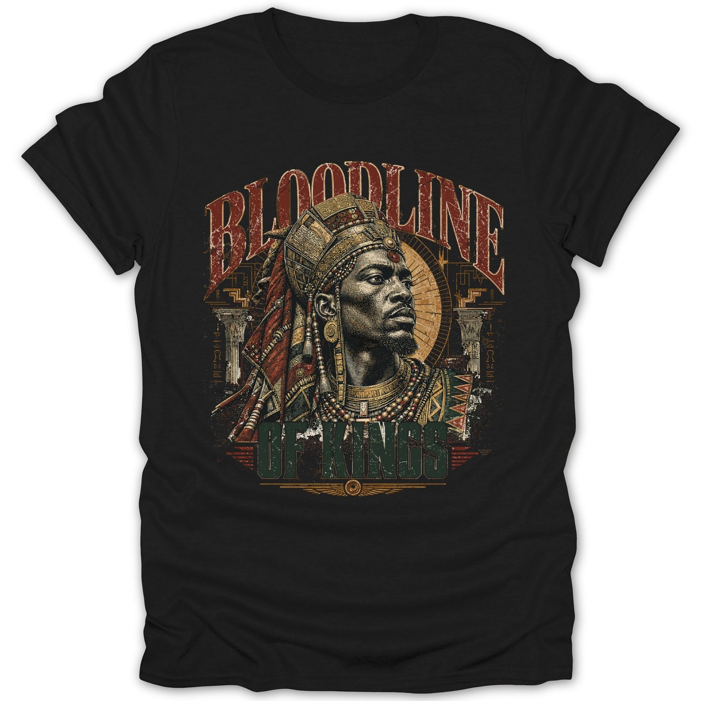 Black t-shirt with "BLOODLINE OF KINGS" text and portrait of a king.