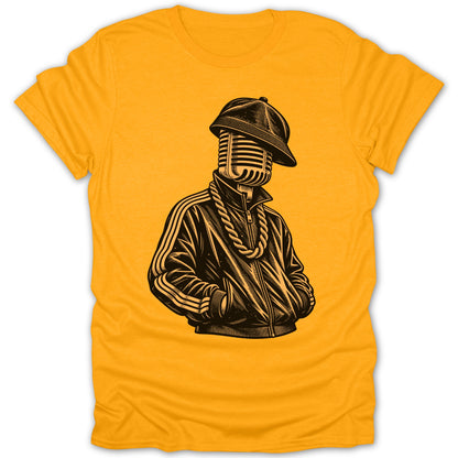 Yellow t-shirt with black graphic of a microphone wearing a baseball cap and jacket.