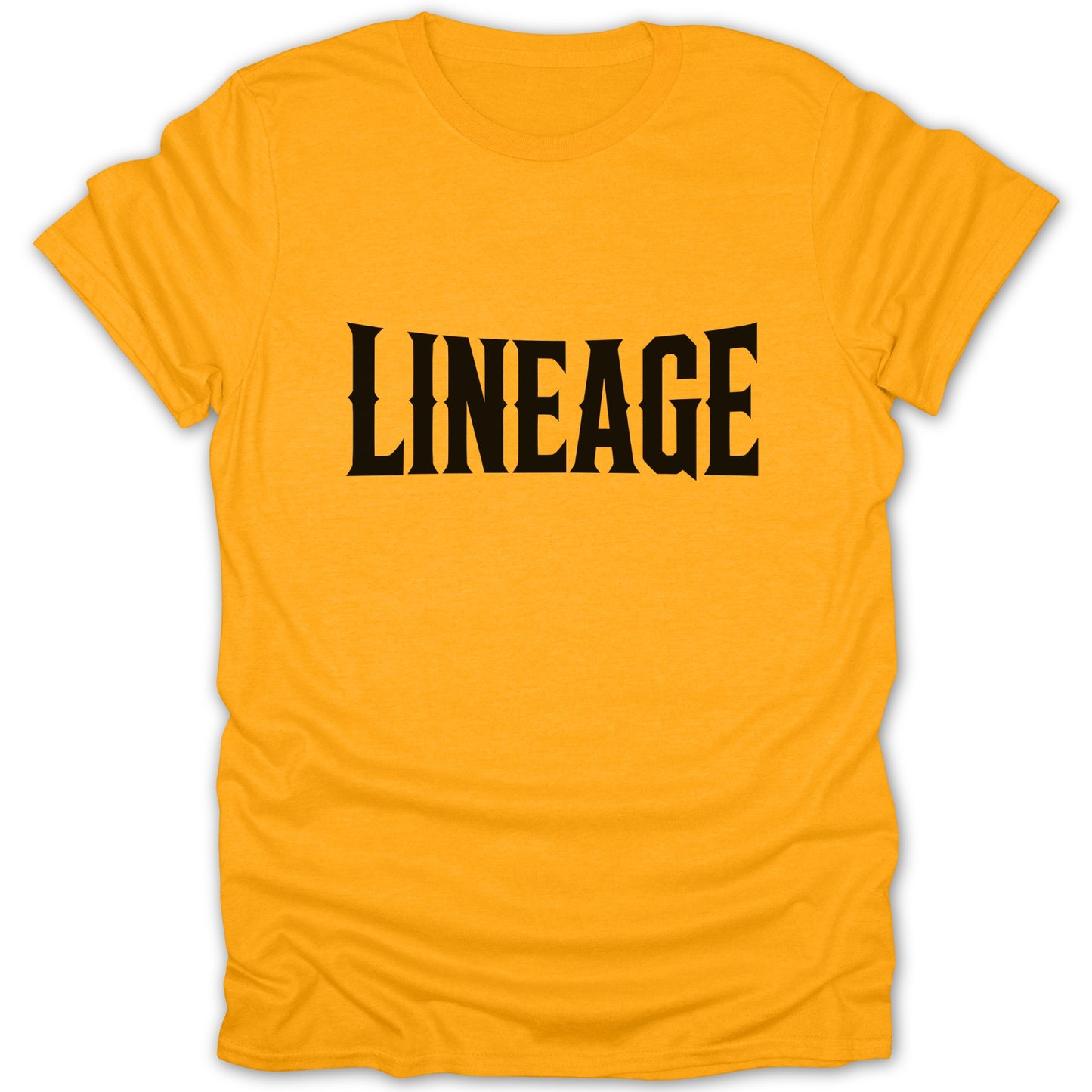 Orange t-shirt with black text that reads "LINEAGE"