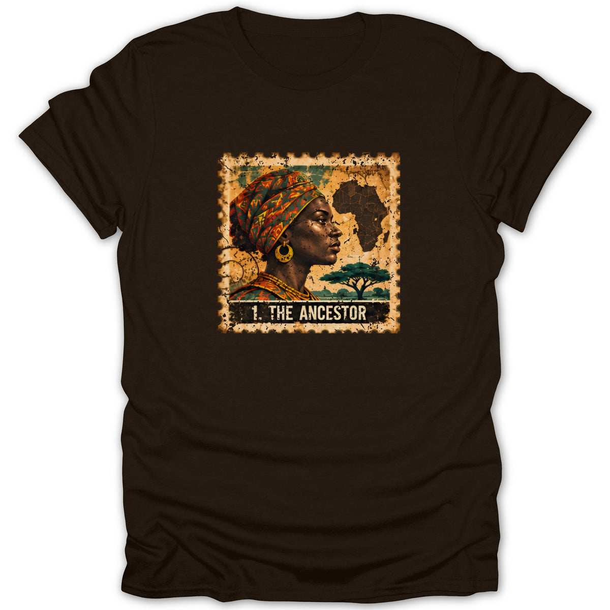 A dark brown short-sleeved t-shirt features a vintage postage stamp graphic depicting a woman in profile with the text "1. THE ANCESTOR".