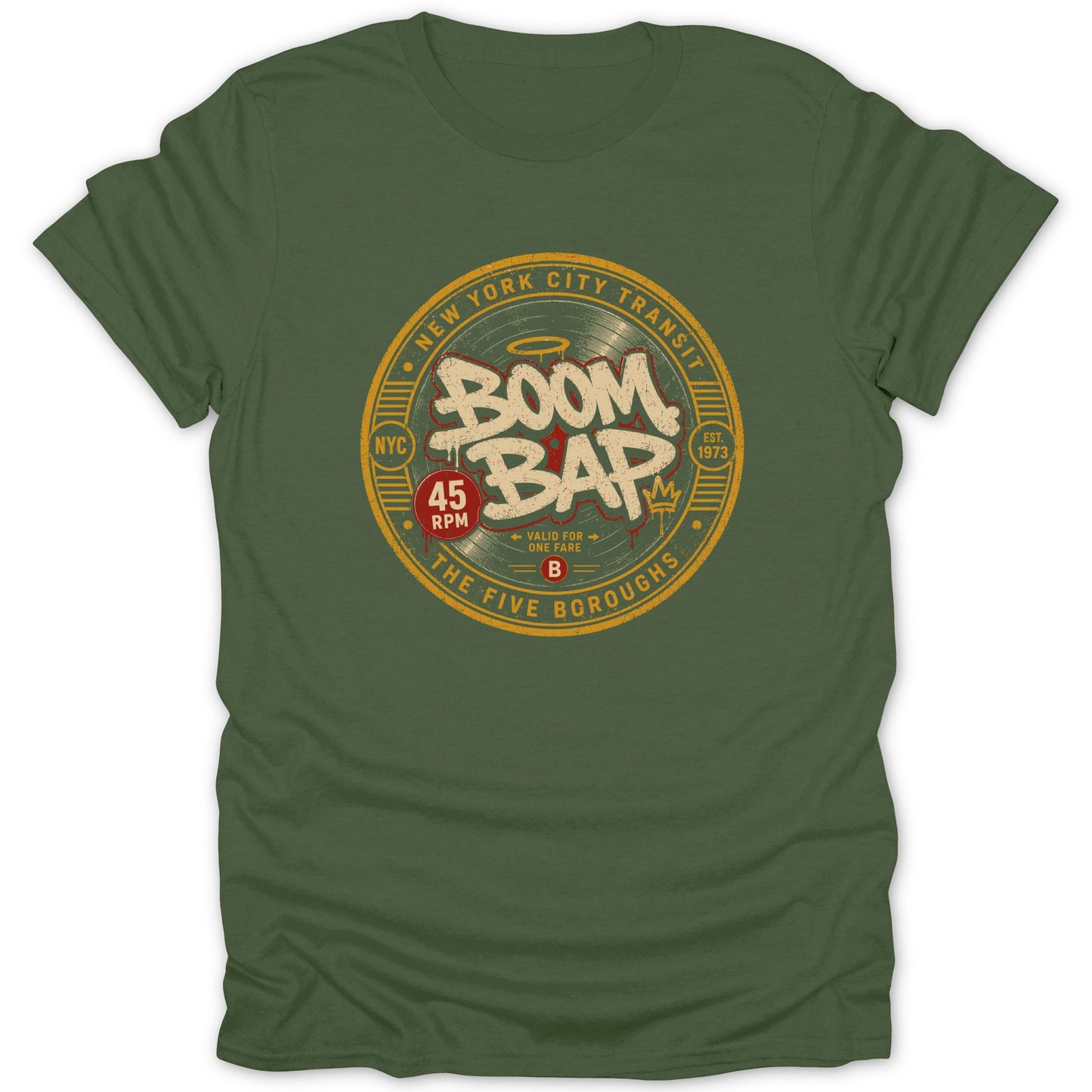 Green t-shirt with "Boom Bap" design in a circle, referencing NYC Transit.