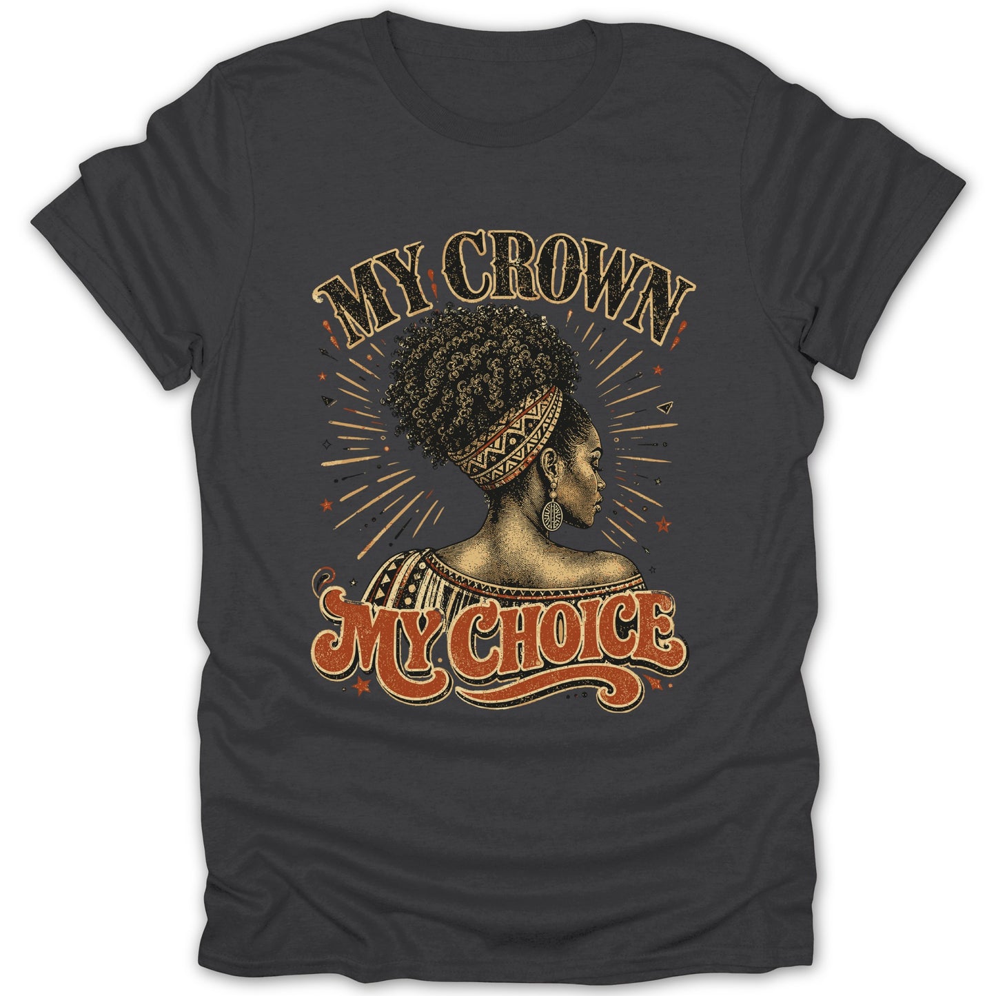 Dark t-shirt with graphic of woman's back and text "MY CROWN MY CHOICE".