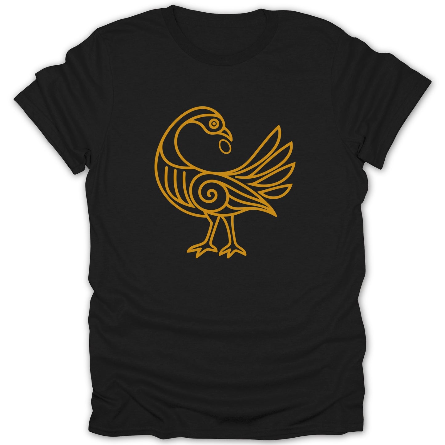 Black t-shirt with a gold line art design of a stylized bird.