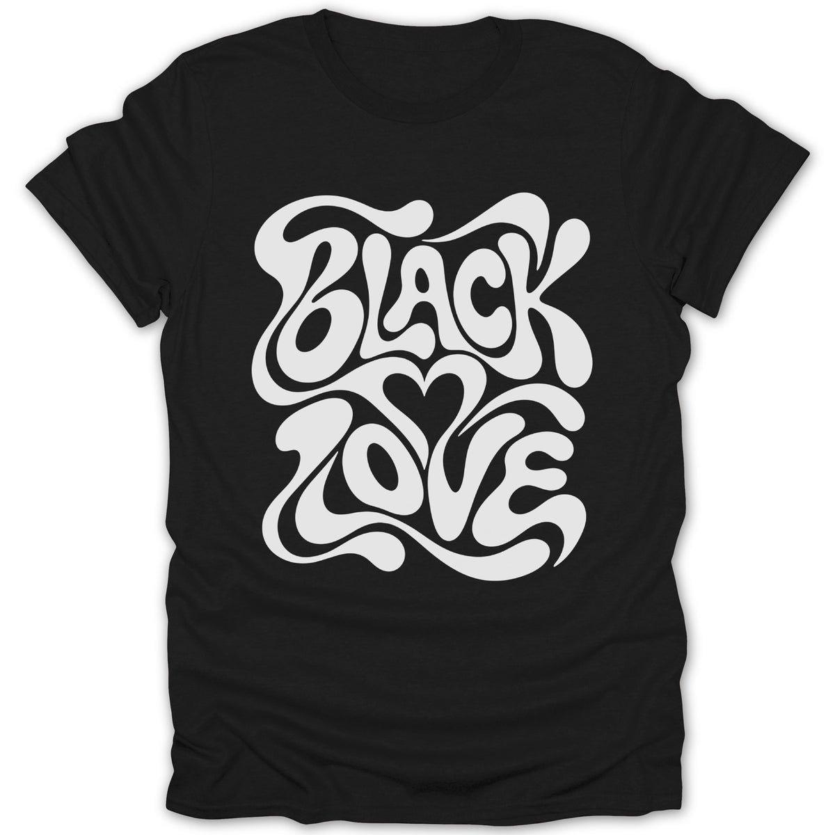 Black t-shirt with white "BLACK LOVE" text in a groovy font.