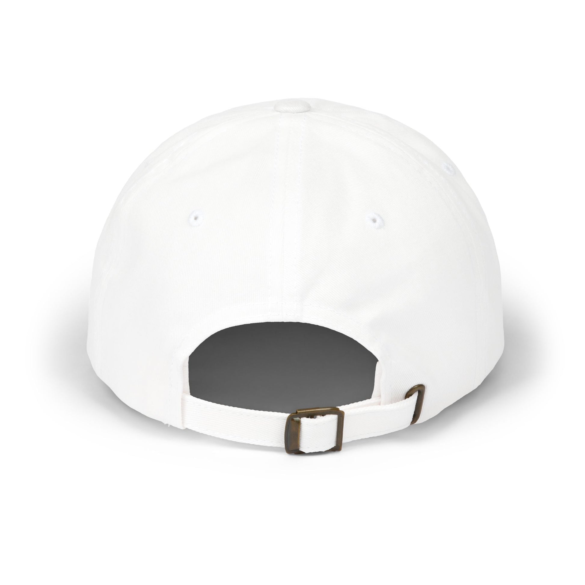 White baseball cap with adjustable strap, seen from the back.