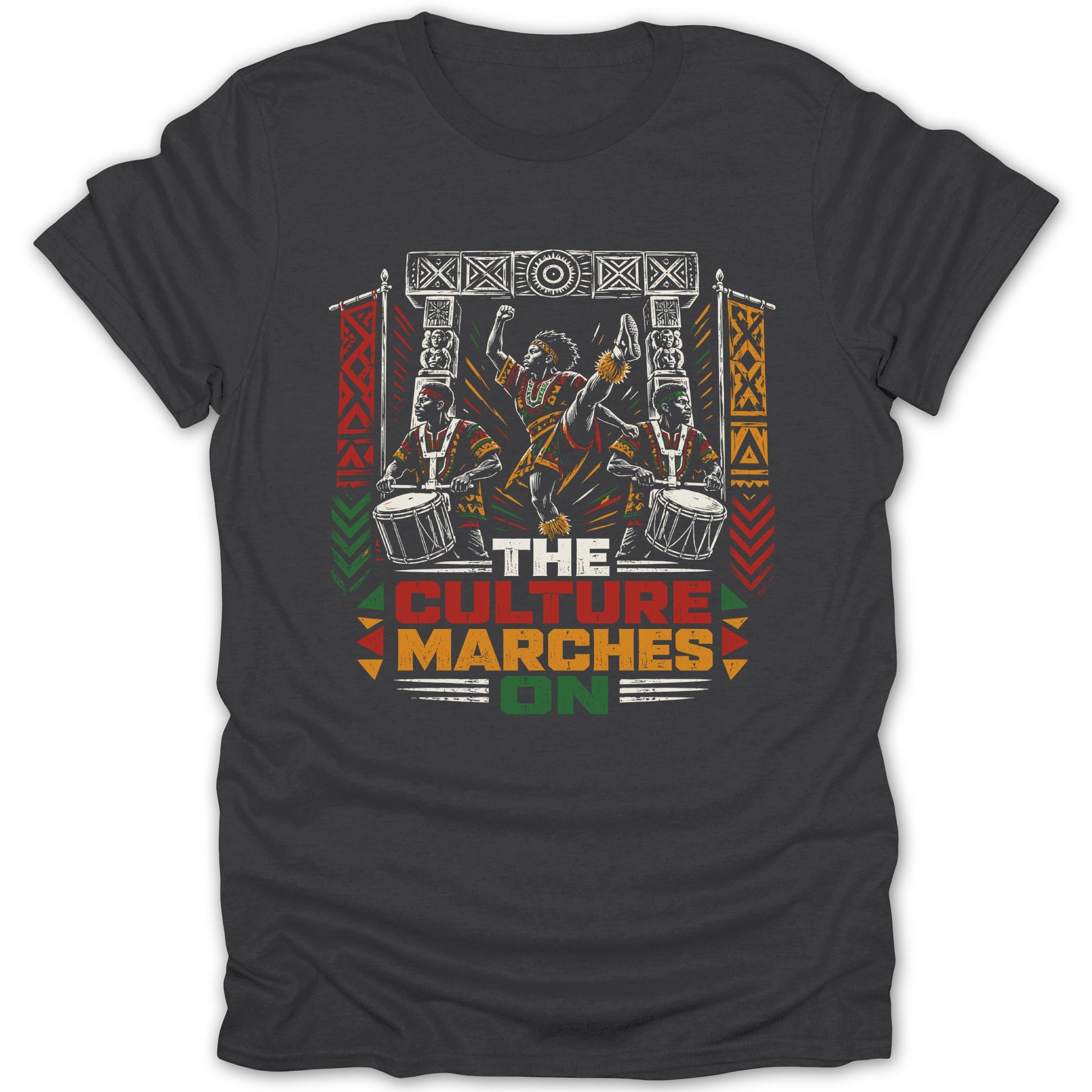 "The Culture Marches On" text with dancers and drummers in traditional African attire.