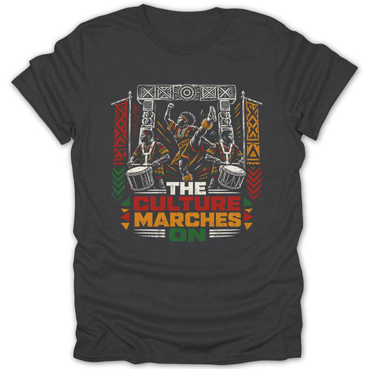 "The Culture Marches On" text with dancers and drummers in traditional African attire.