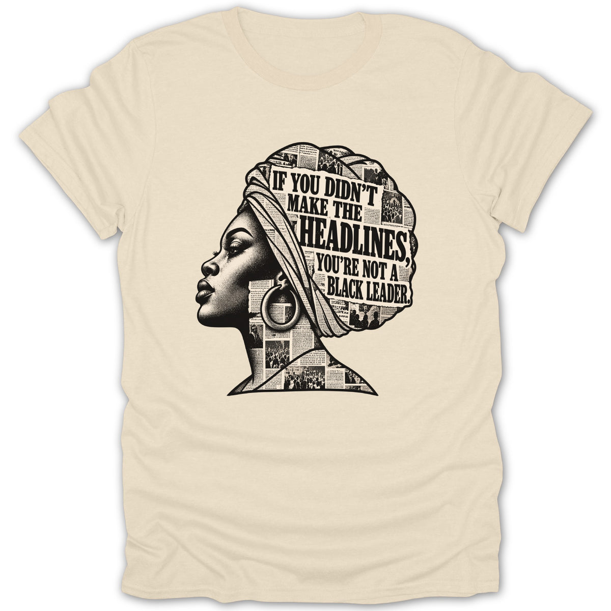 Black woman wearing turban made of headlines: "If you didn't make the headlines, you're not a black leader."