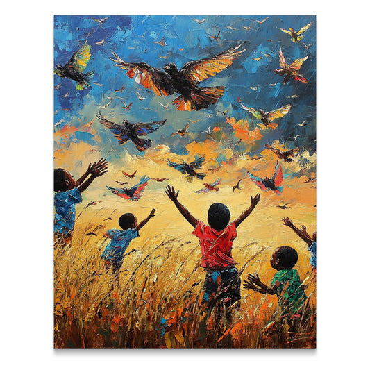 Children Playing Among Birds in a Vibrant Landscape product