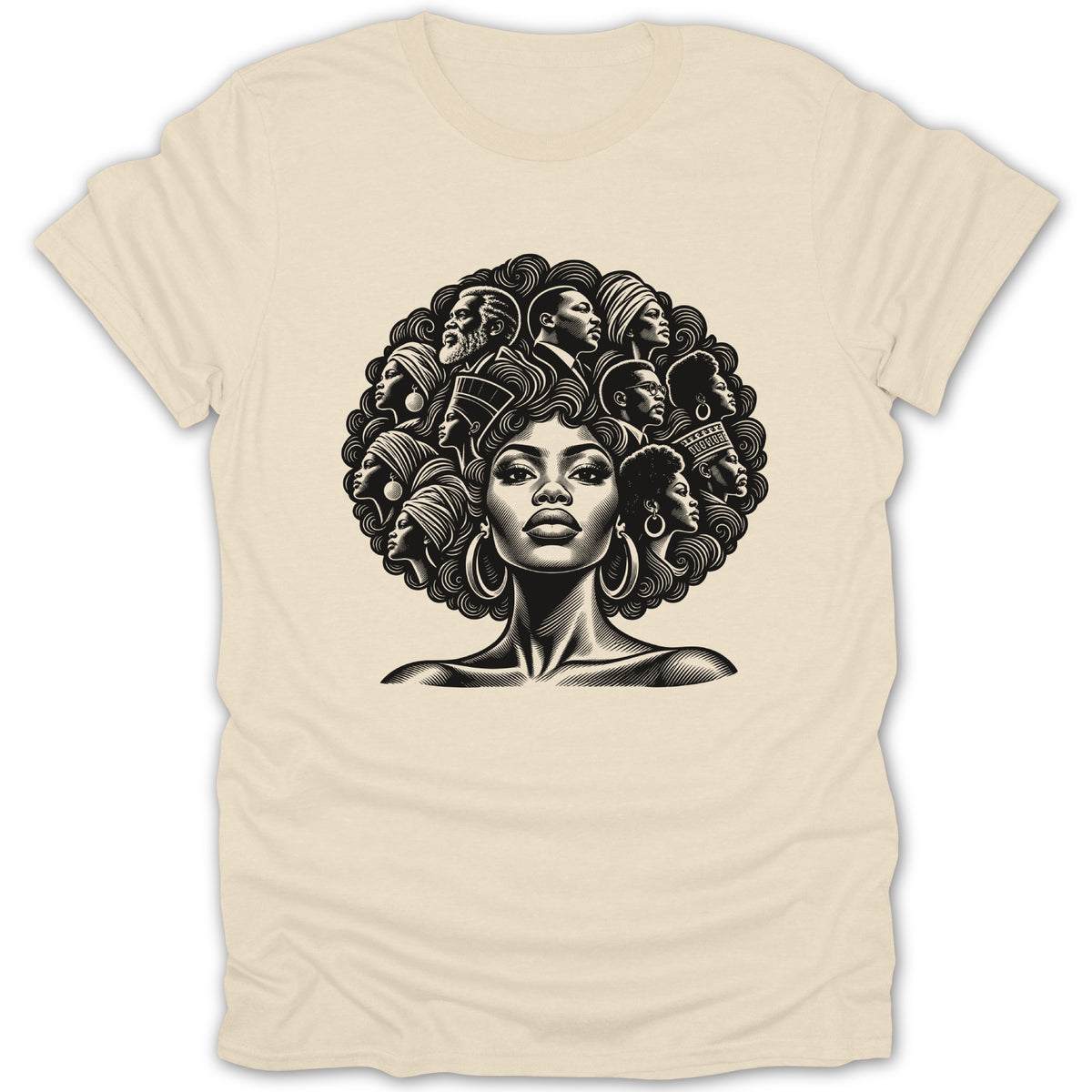 T-shirt with a black and white illustration of a woman with many faces within her afro.