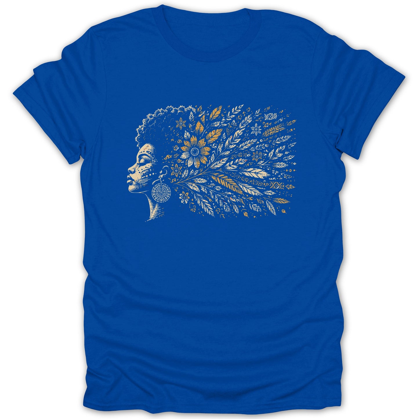 Blue t-shirt with side profile of woman with floral hair in beige and gold.
