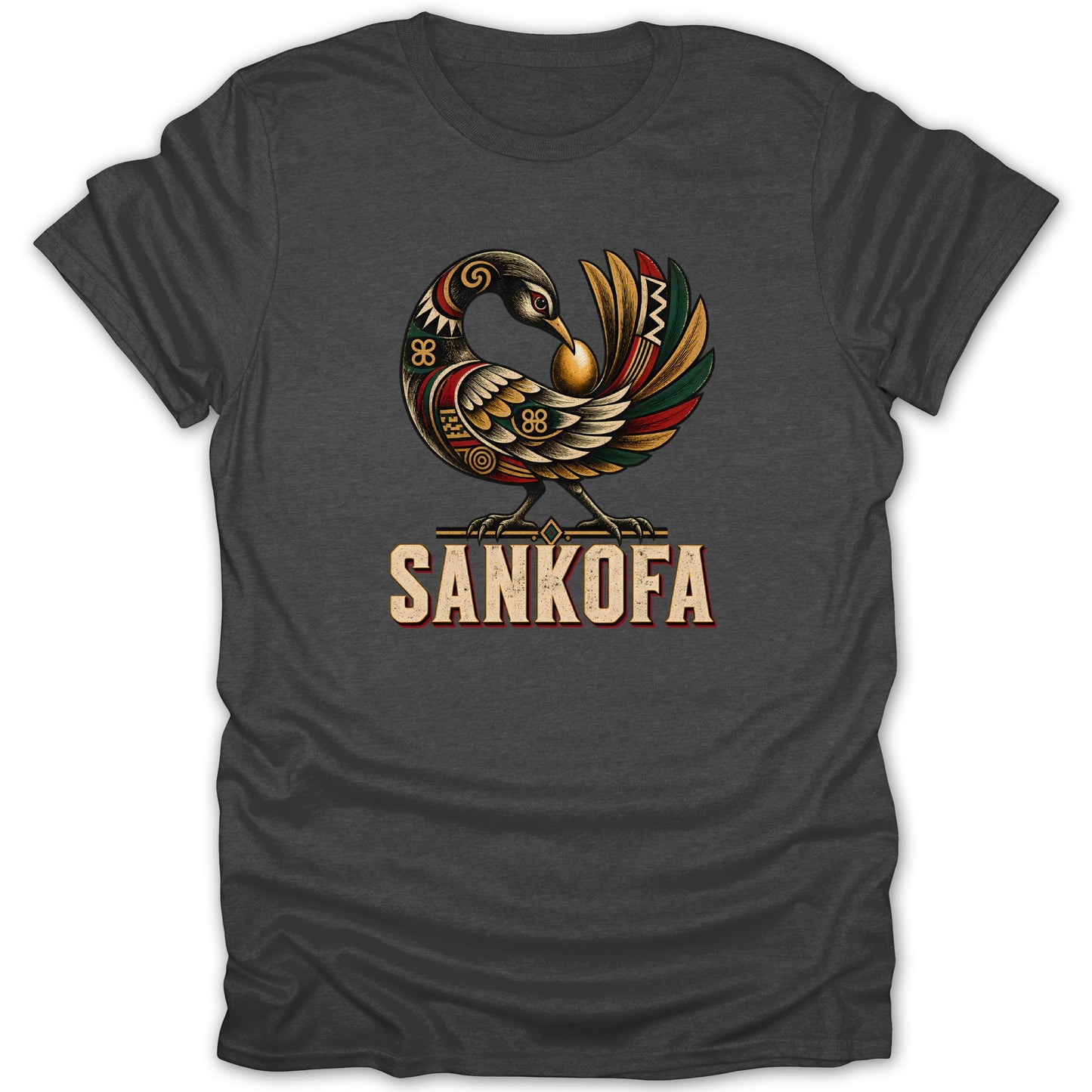 Sankofa bird with egg and text on a dark grey t-shirt.