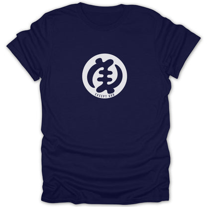Navy blue short-sleeve t-shirt with a white circular graphic featuring the Adinkra symbol Gye Nyame and the text EXCEPT GOD.