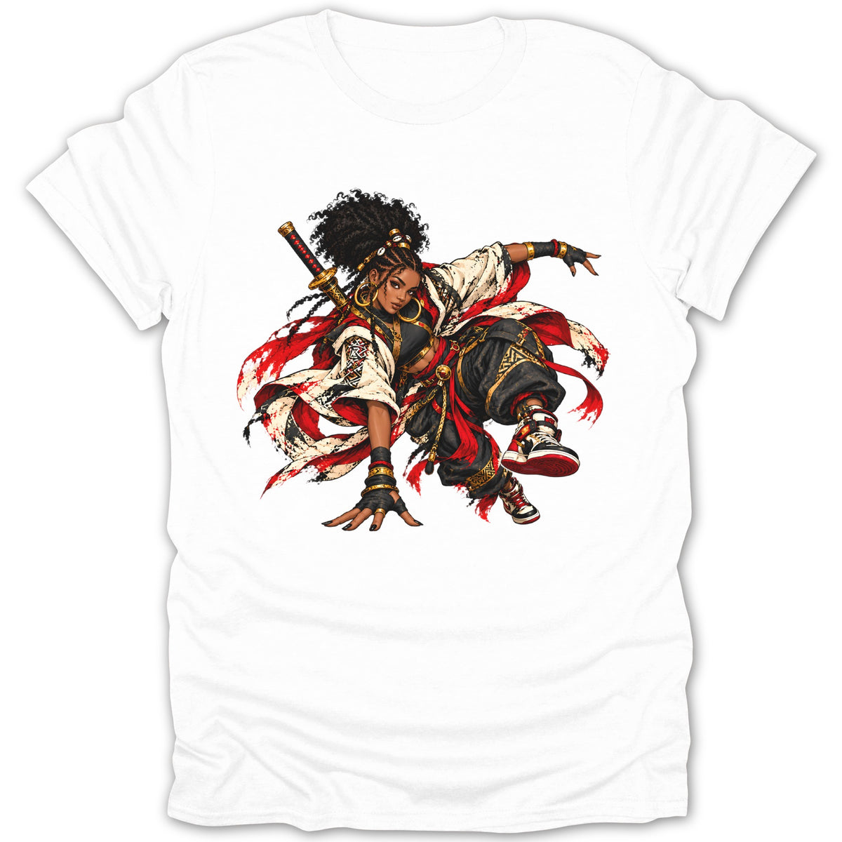 Illustration of a female samurai warrior with a katana on a white t-shirt.