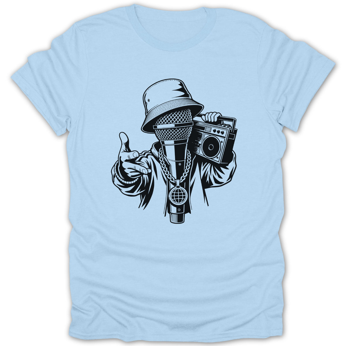 Microphone character wearing bucket hat, holding boombox, with chain.