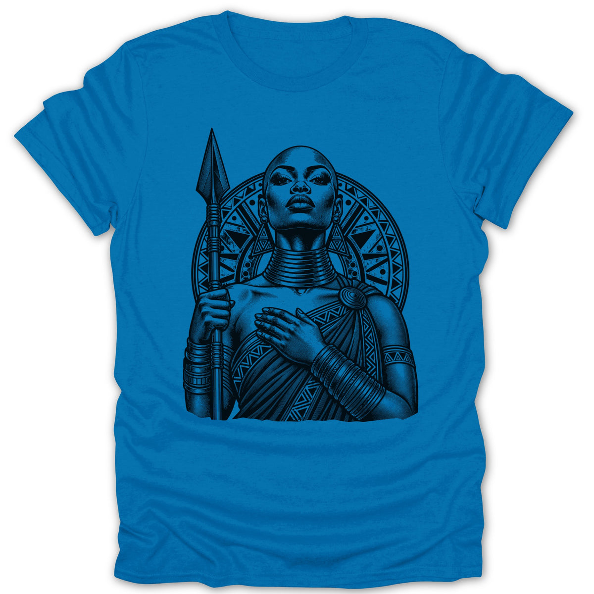 Black and white illustration of a warrior woman holding a spear on a blue t-shirt.