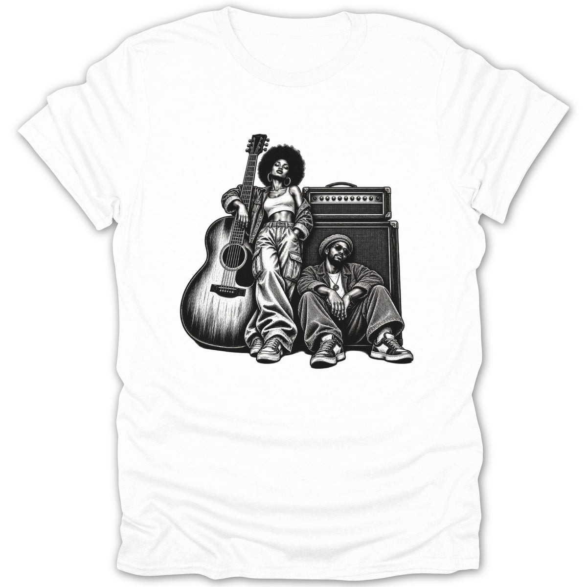 Black and white illustration of a woman with guitar and a man with amplifier on t-shirt.