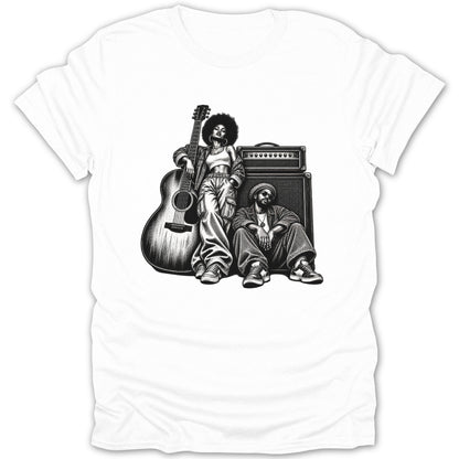 Black and white illustration of a woman with guitar and a man with amplifier on t-shirt.
