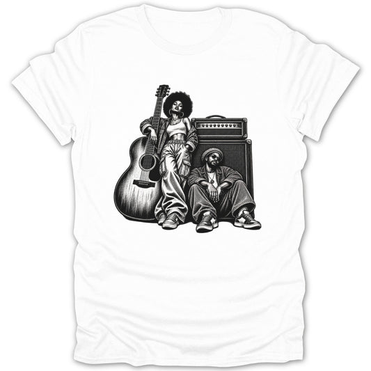 Black and white illustration of a woman with guitar and a man with amplifier on t-shirt.