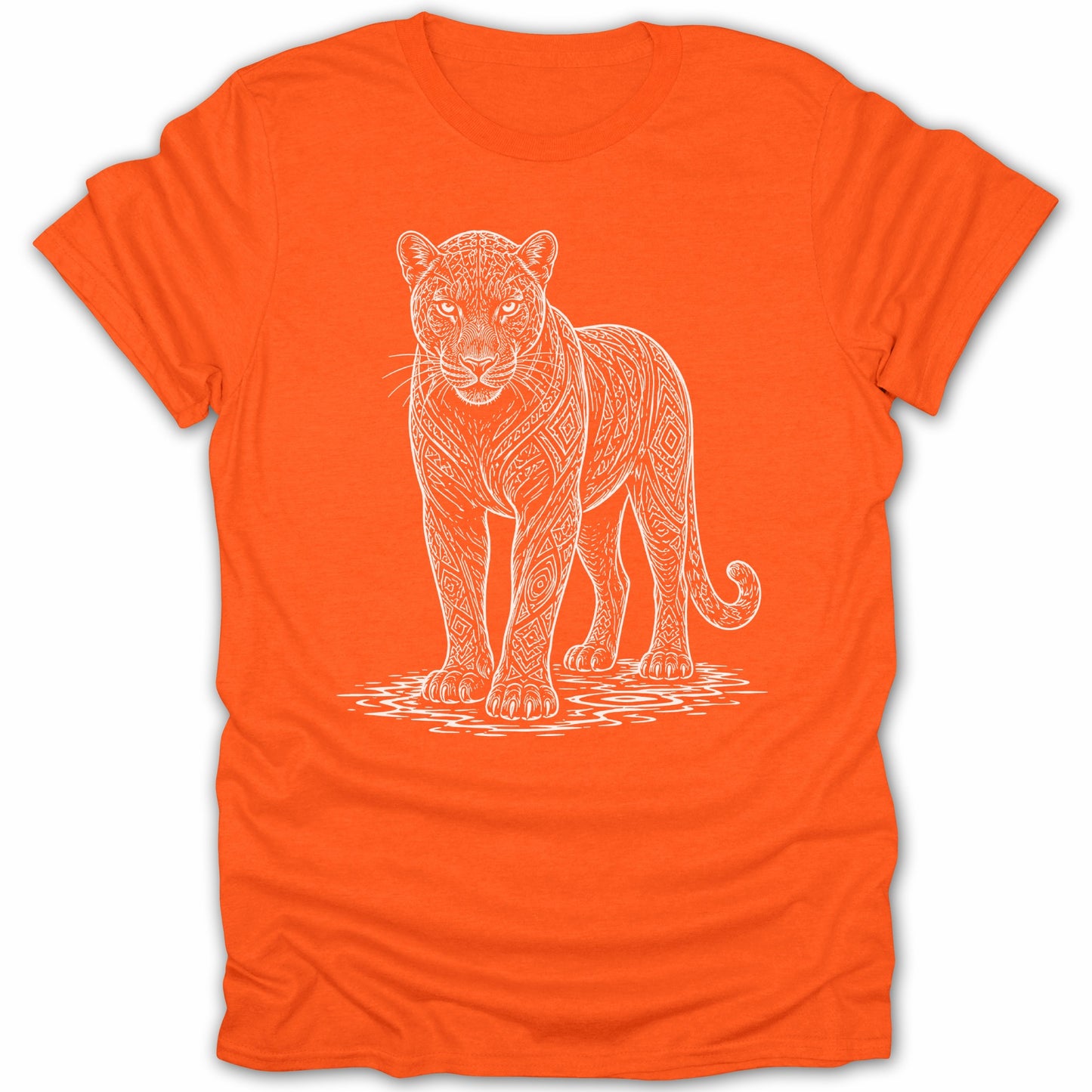 Orange t-shirt with a white line drawing of a jaguar with ornate geometric patterns.