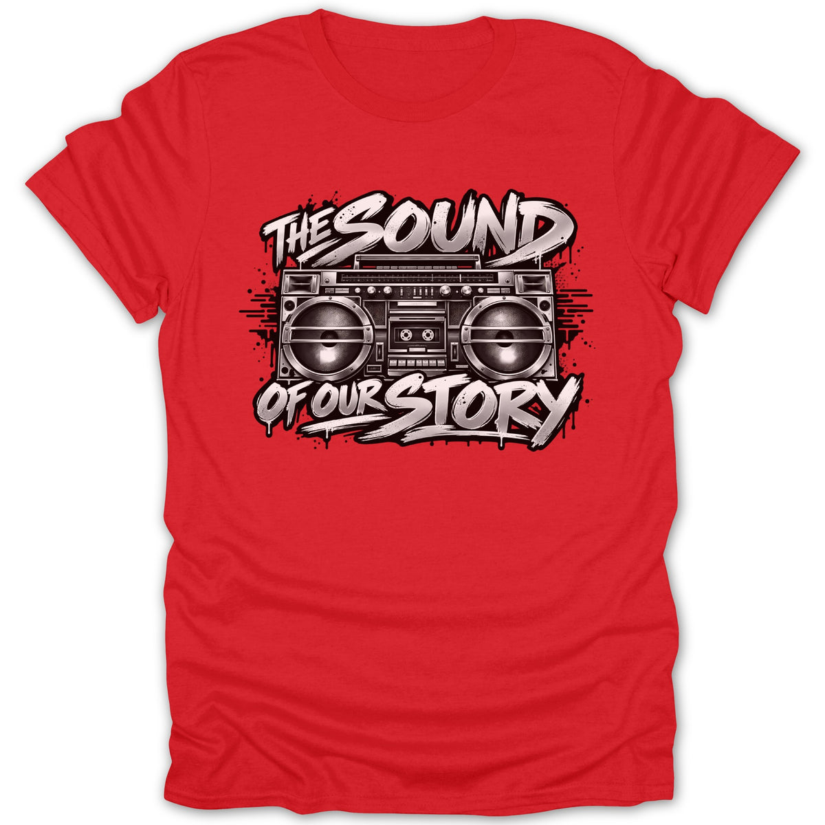 Red t-shirt with a graphic of a boombox and text "The Sound of Our Story".
