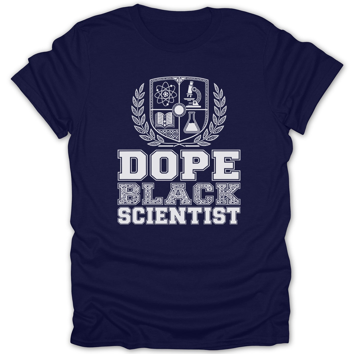 Navy t-shirt with white Dope Black Scientist text and science crest.