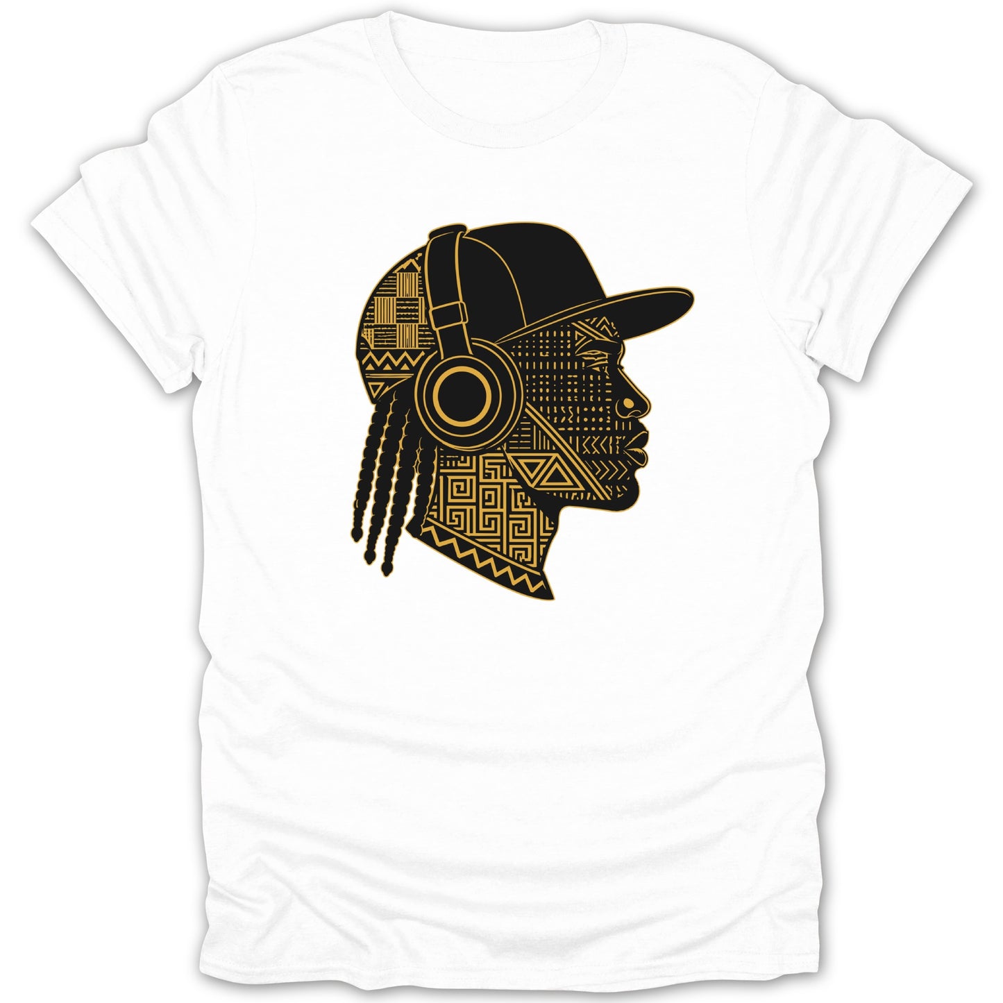 White t-shirt with a black and gold patterned profile of a person wearing headphones.