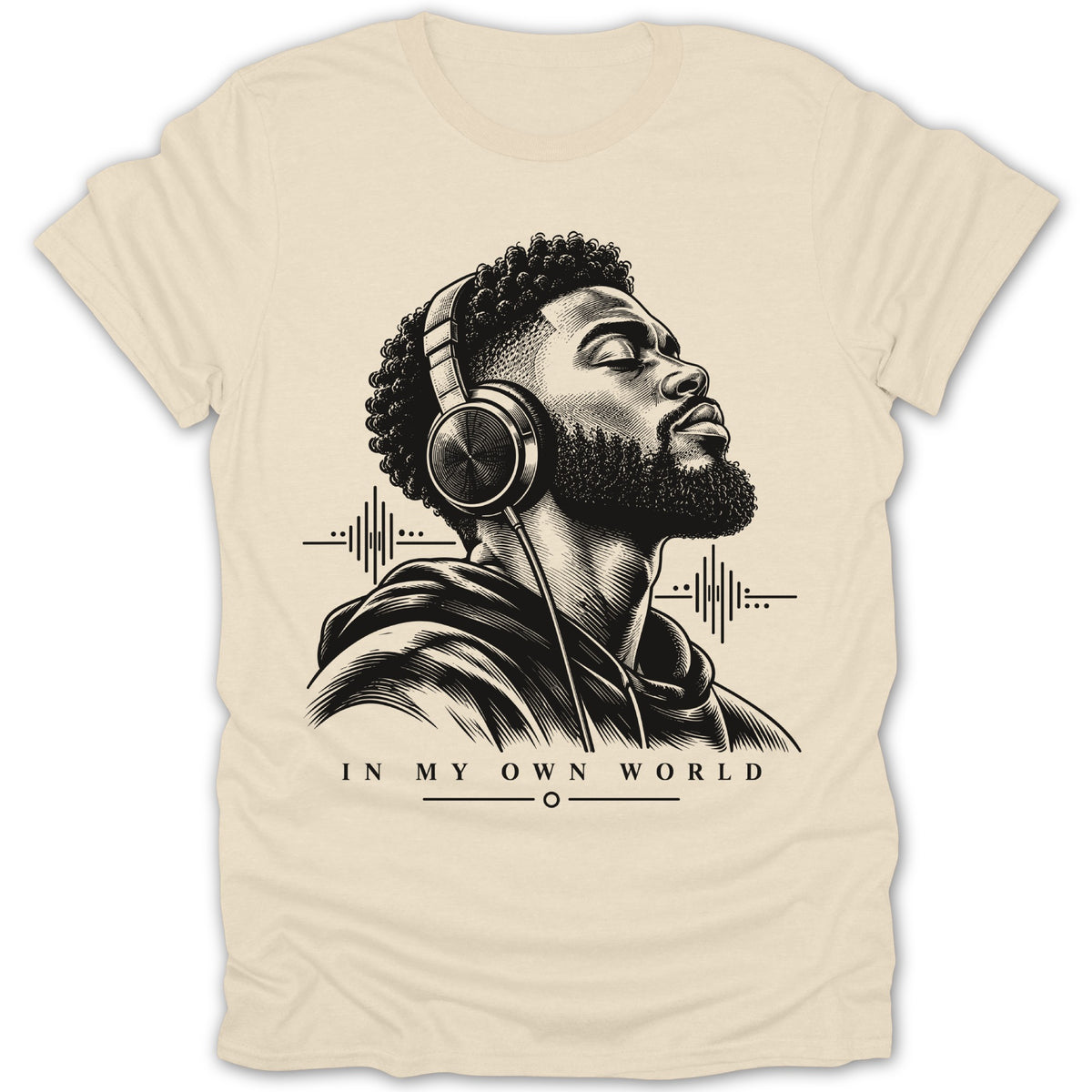 Black and white graphic of a man with headphones listening to music, text "IN MY OWN WORLD".