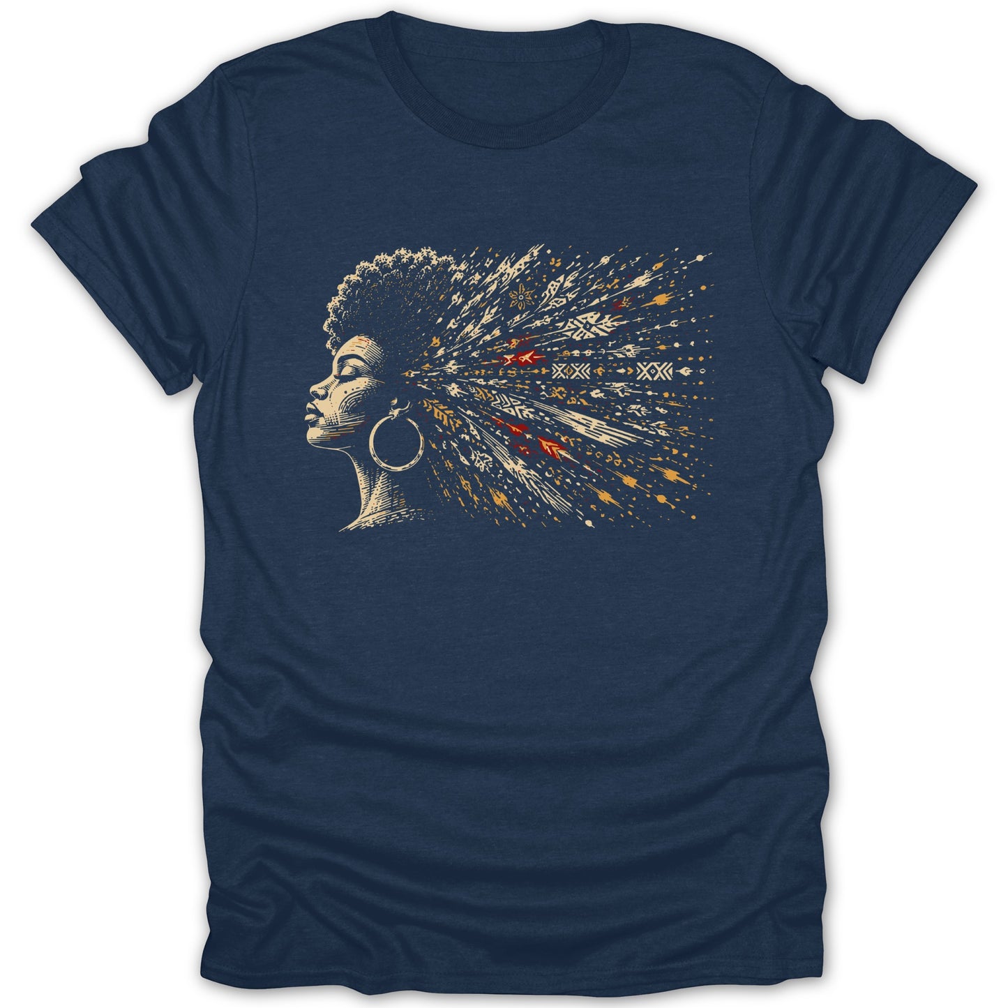 T-shirt with graphic of woman's profile with flowing, patterned hair and hoop earring.