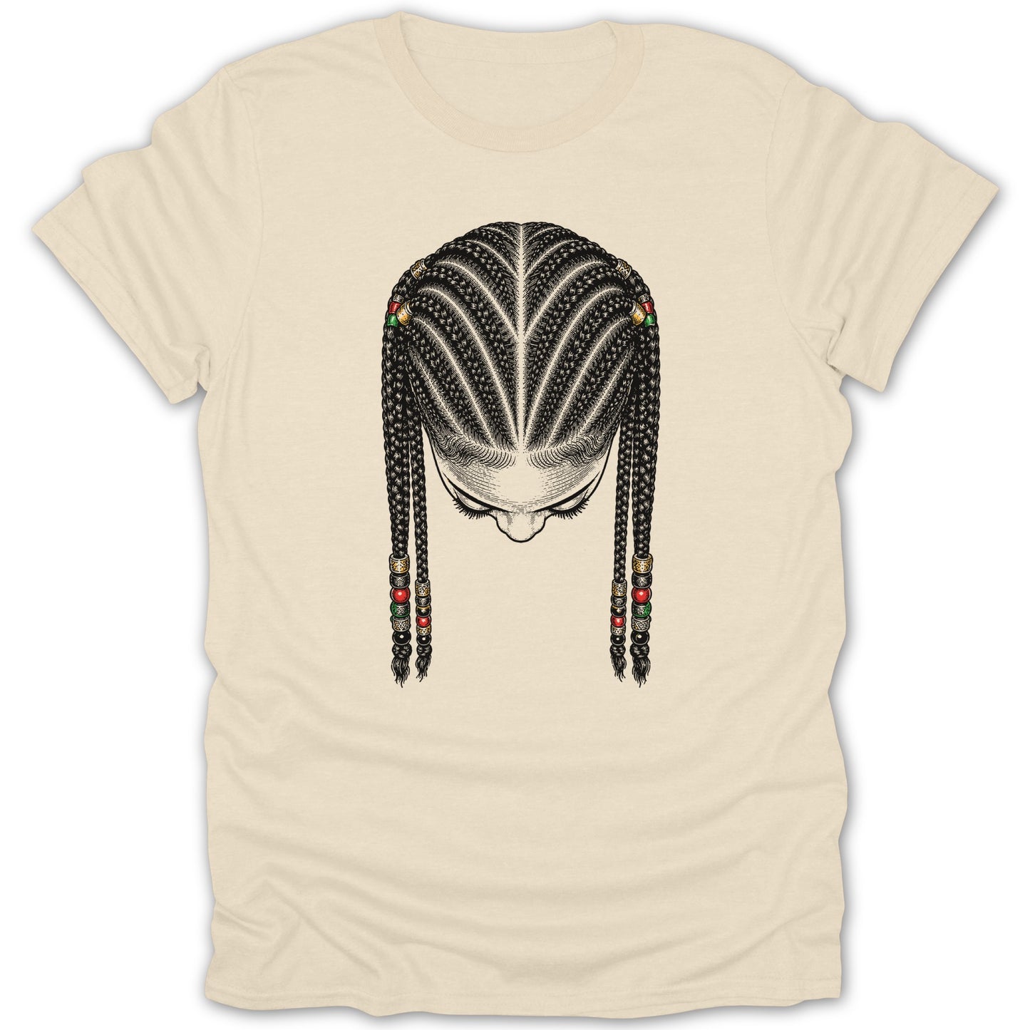 T-shirt with drawing of a woman's head with braided hair and beads.