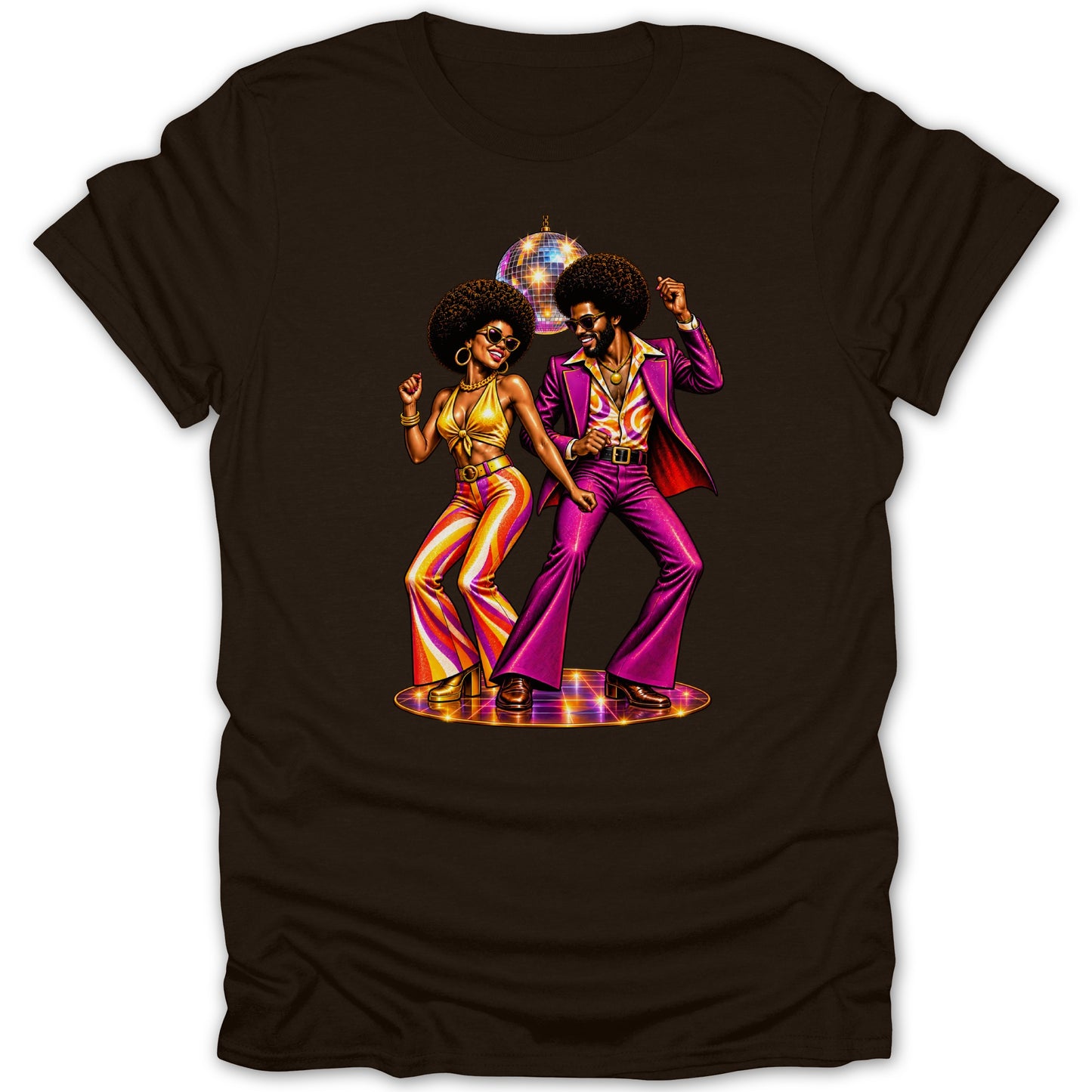 Couple dancing at a disco with a disco ball above them.