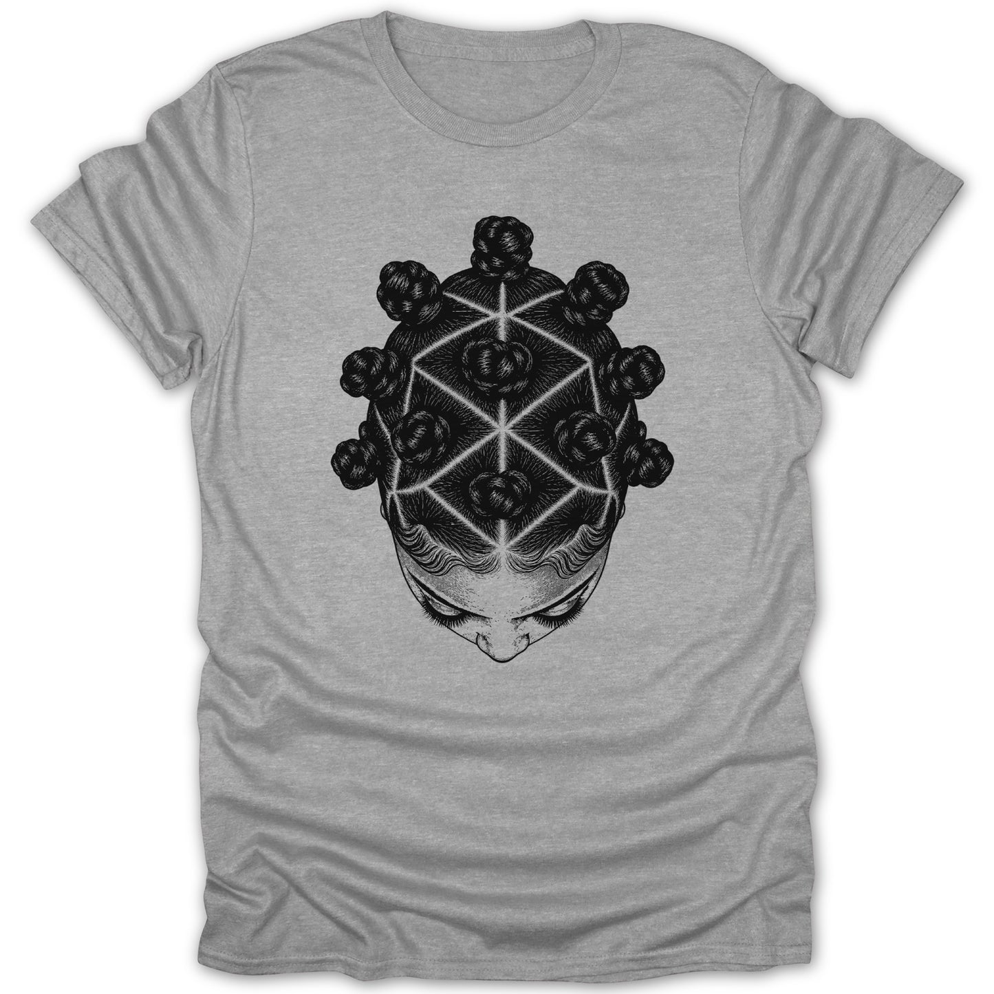 Black and white illustration of a woman with Bantu knots on a gray t-shirt.