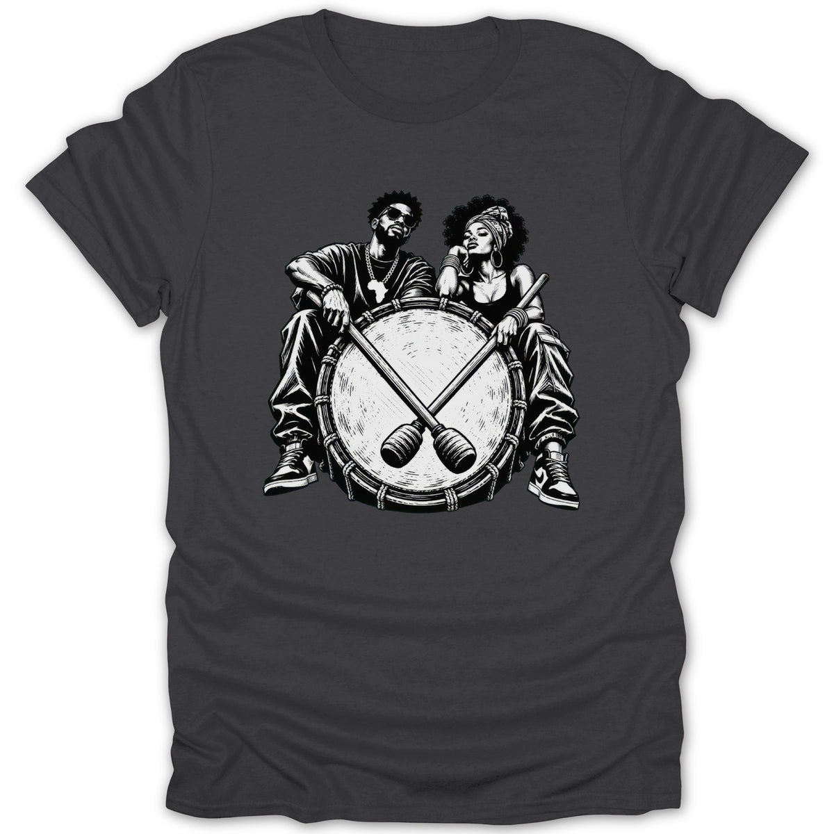 Black and white illustration of a couple sitting behind a large drum with sticks.