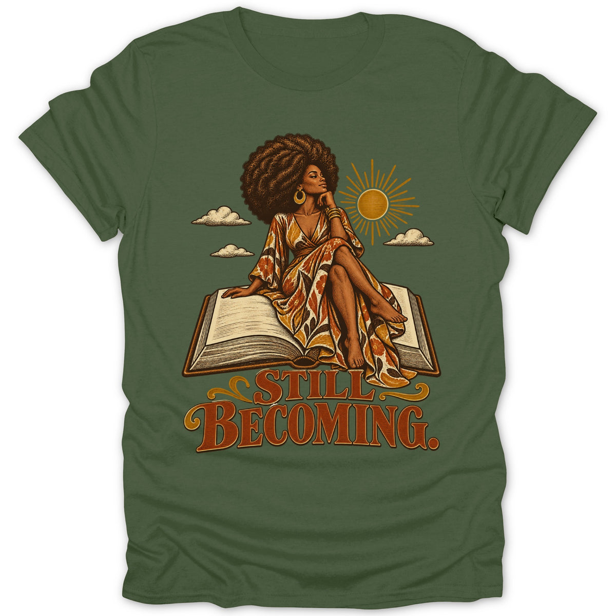 Woman with afro sitting on open book with text "STILL BECOMING"