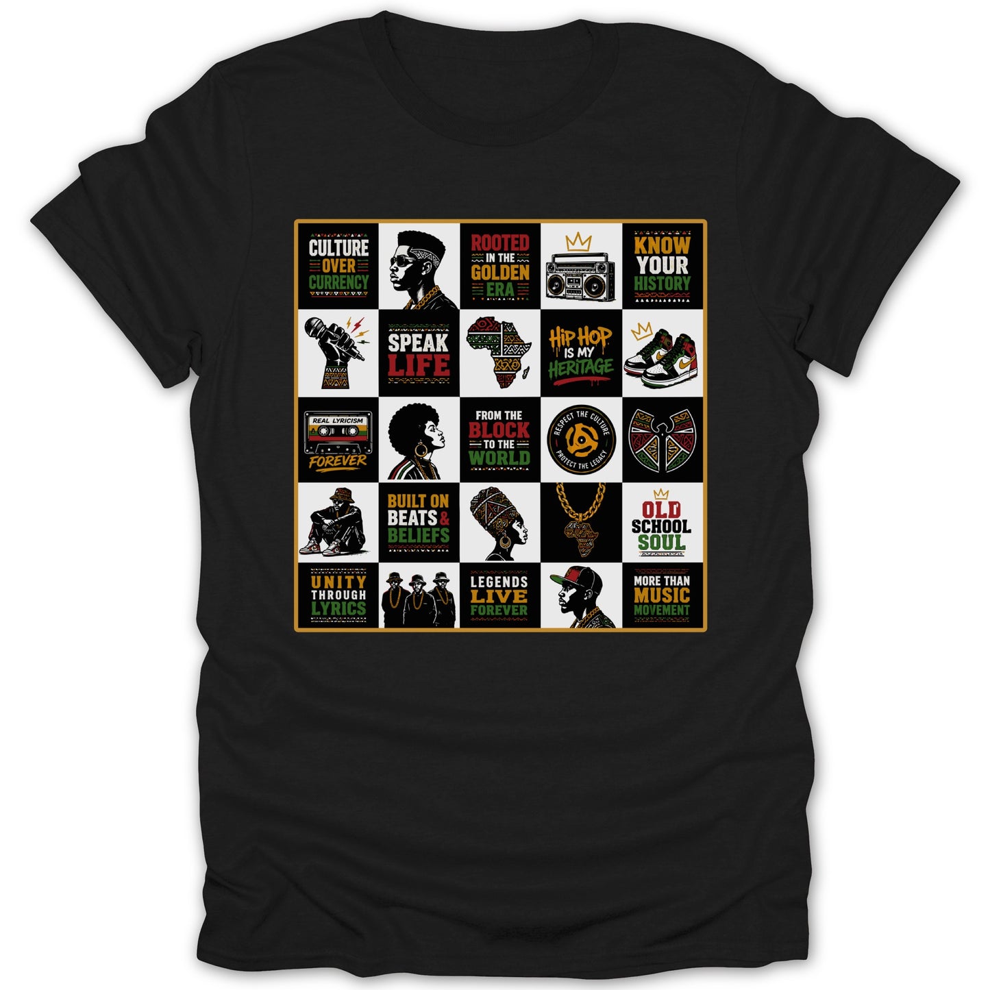 Black t-shirt with a grid of 16 squares featuring hip hop and Black culture illustrations and text.