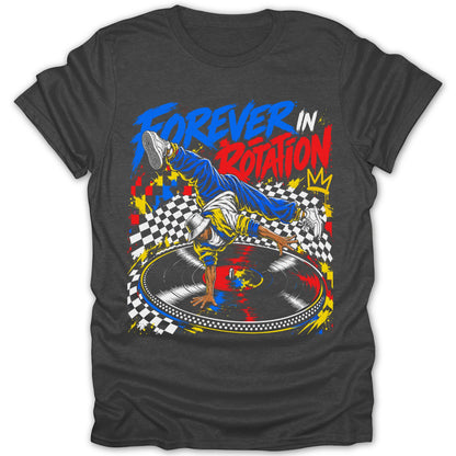 Breakdancer on turntable with "FOREVER IN ROTATION" text and graffiti-style background.