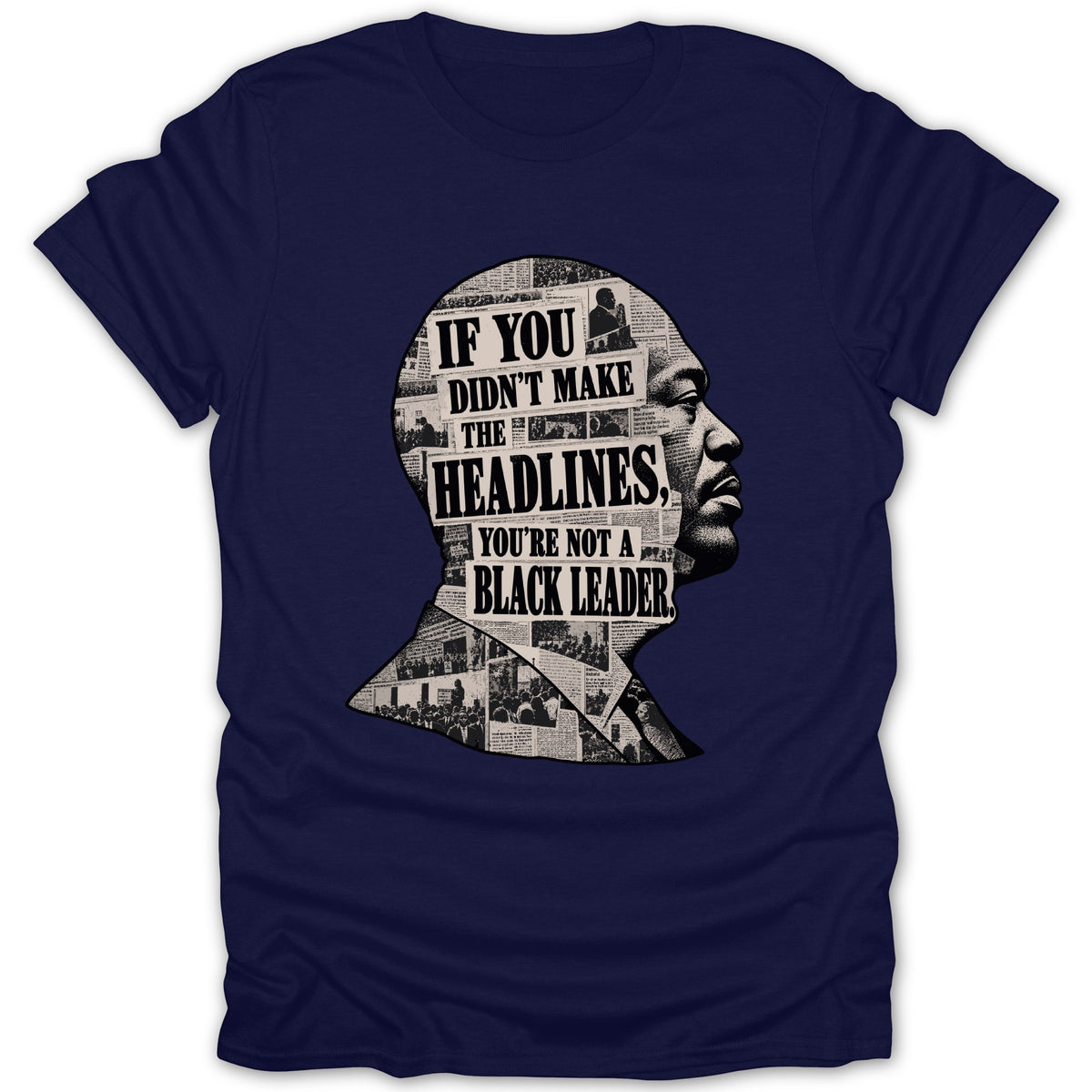 Navy t-shirt with silhouette filled with newspaper headlines and a man's profile.