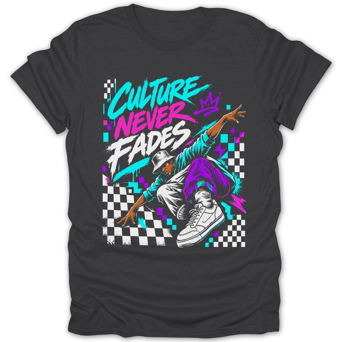 Black t-shirt with graphic of "CULTURE NEVER FADES" and a breakdancer.