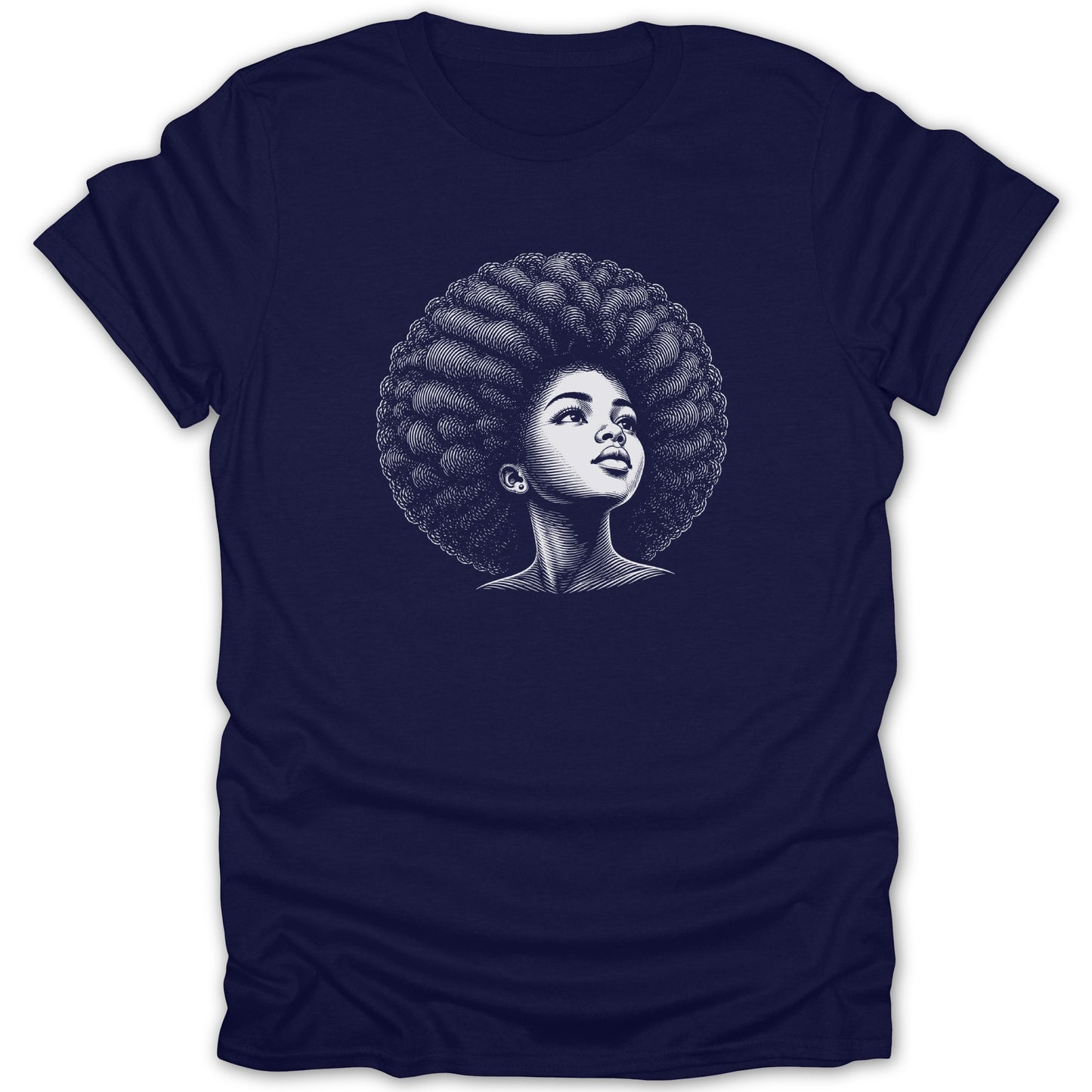 Black and white line art of a woman with a large afro looking upwards on a navy t-shirt.