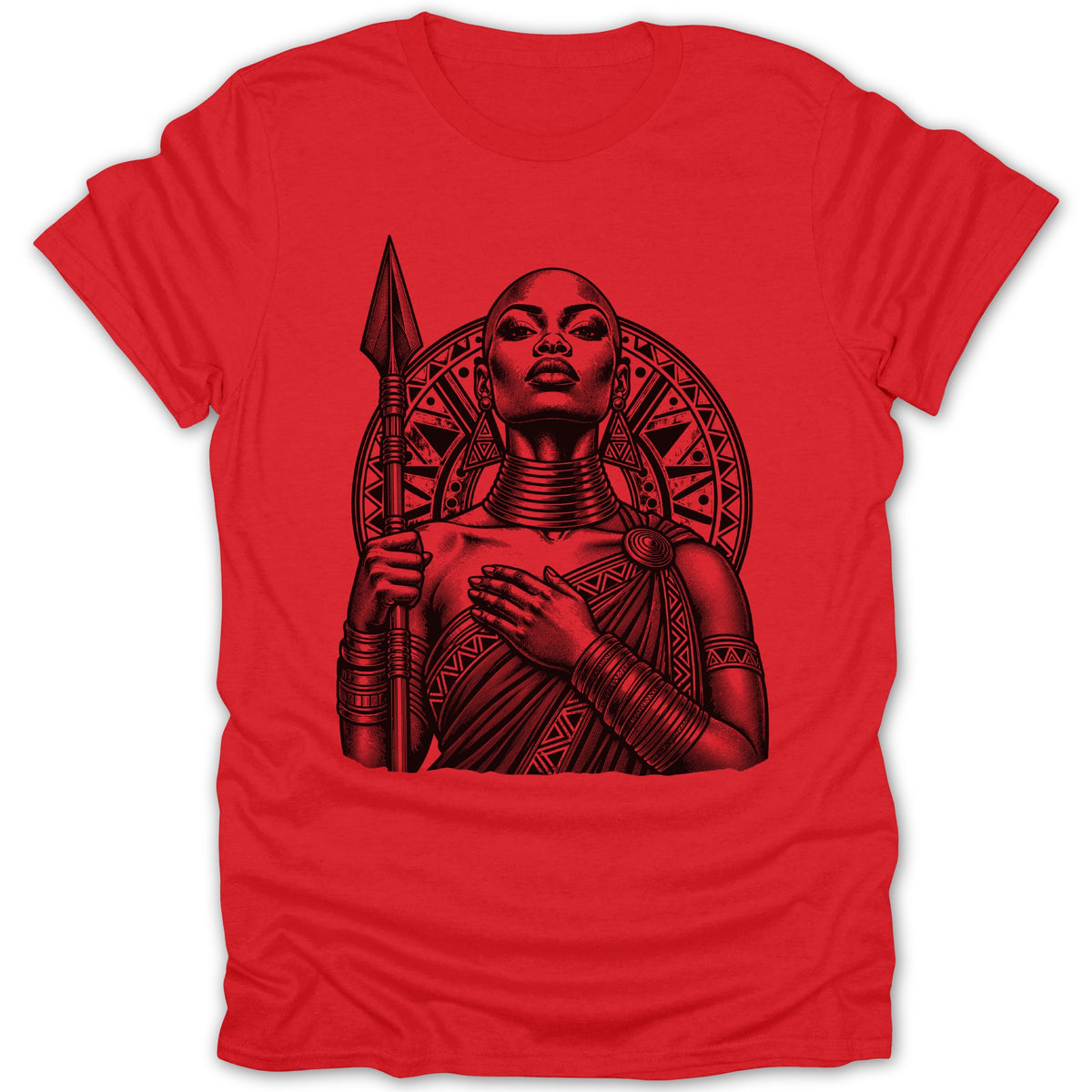Red t-shirt with black graphic of a bald woman holding a spear and wearing tribal jewelry.