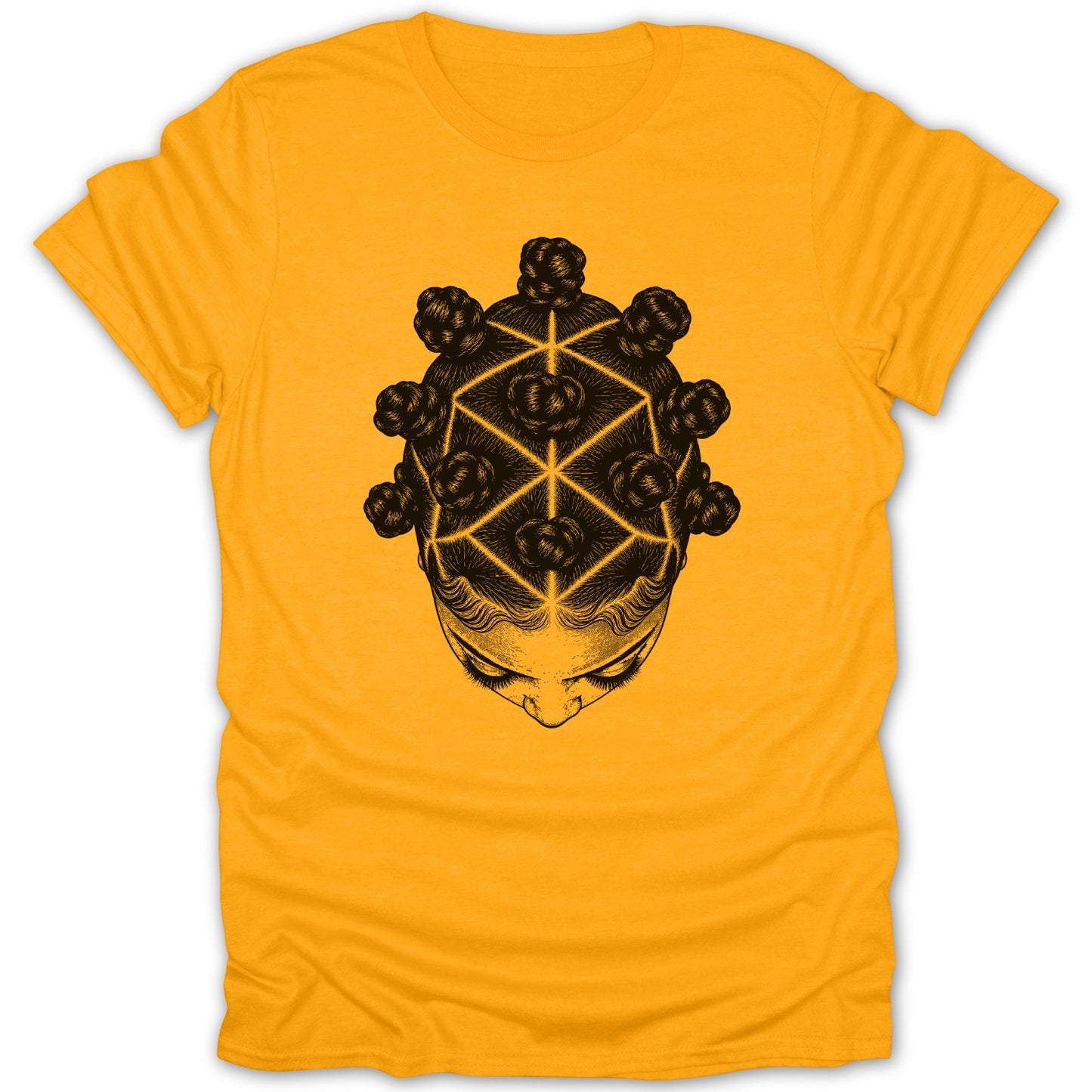 Black graphic on yellow t-shirt of a woman's head with geometric Bantu knots hairstyle.
