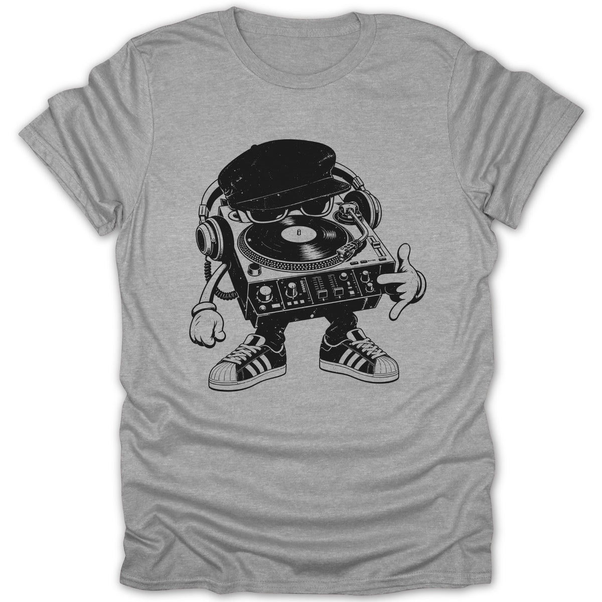 Cartoon DJ with headphones and sunglasses standing on a turntable.