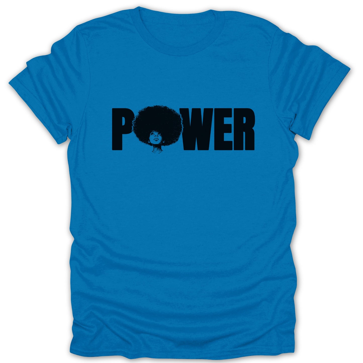 Blue t-shirt with black text "POWER" and a silhouette of a woman with an afro.