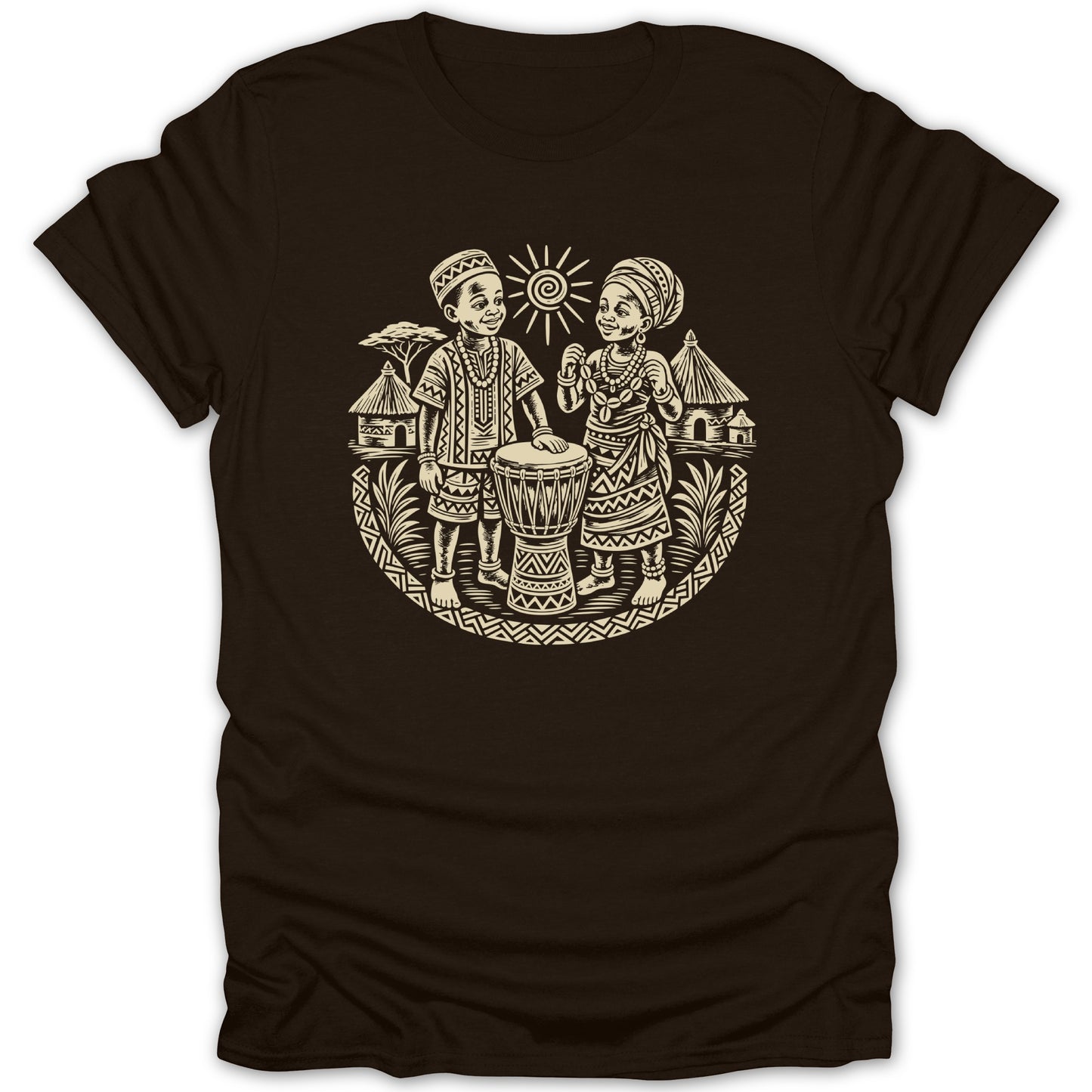 Two children in traditional African attire stand with a drum in front of huts and a sun.