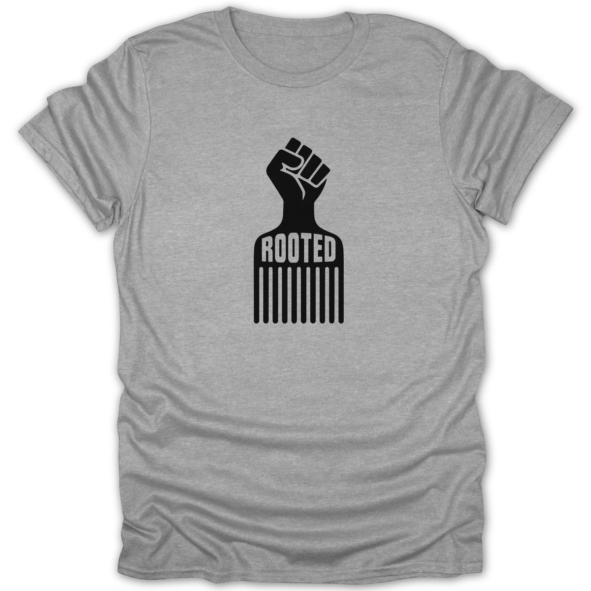 A grey crew neck t-shirt featuring a black graphic of an afro pick comb with a raised fist handle and the text ROOTED.