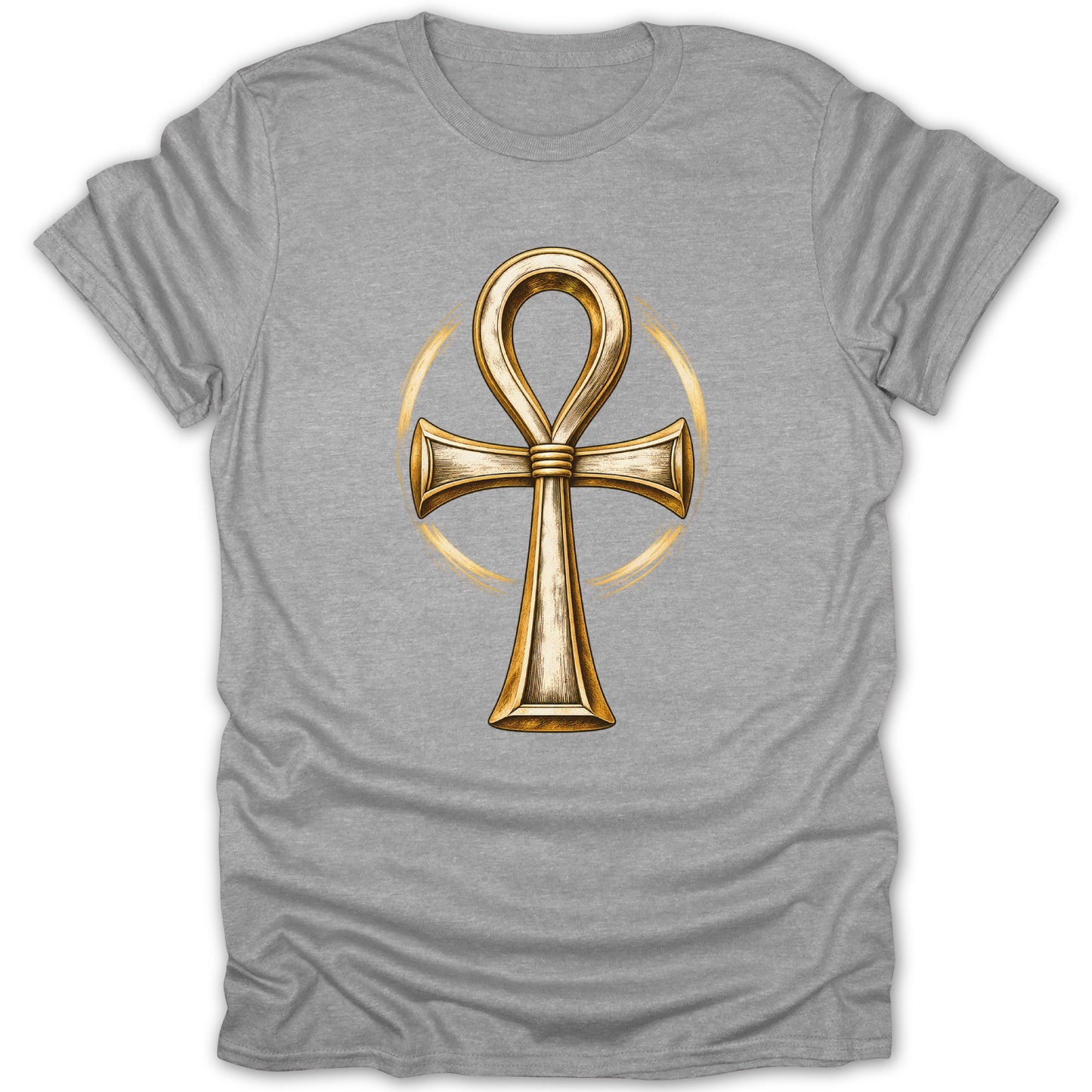 Gold ankh symbol with circular brushstrokes on a grey t-shirt.