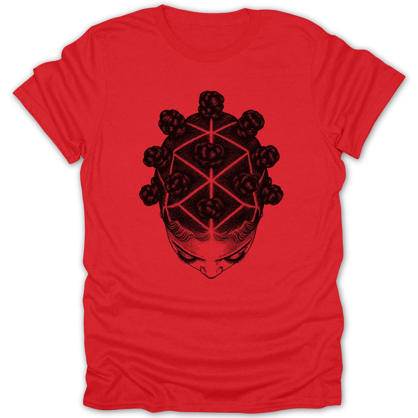 Red t-shirt with black line drawing of a woman's head and Bantu knots.